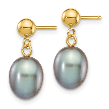 14K Yellow Gold 7 8mm Grey Rice Freshwater Cultured Pearl Post Dangle Earrings