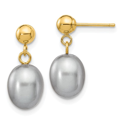 14K Yellow Gold 7 8mm Grey Rice Freshwater Cultured Pearl Post Dangle Earrings