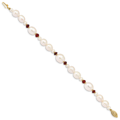 14K Yellow Gold 6 7mm White Semi Round And Rice Freshwater Cultured Pearl Garnet Beads 7.25 Inch Bracelet