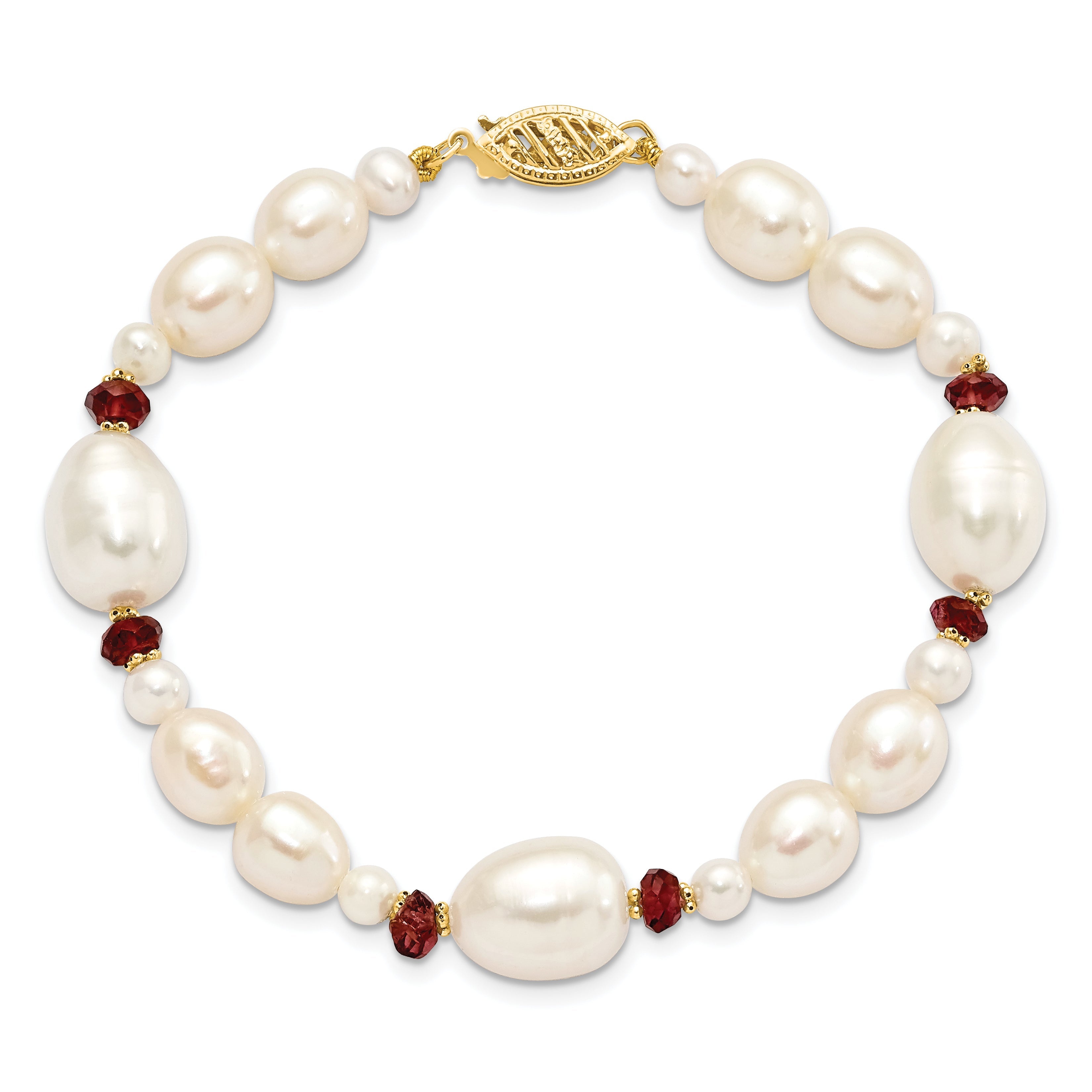 14K Yellow Gold 6 7mm White Semi Round And Rice Freshwater Cultured Pearl Garnet Beads 7.25 Inch Bracelet