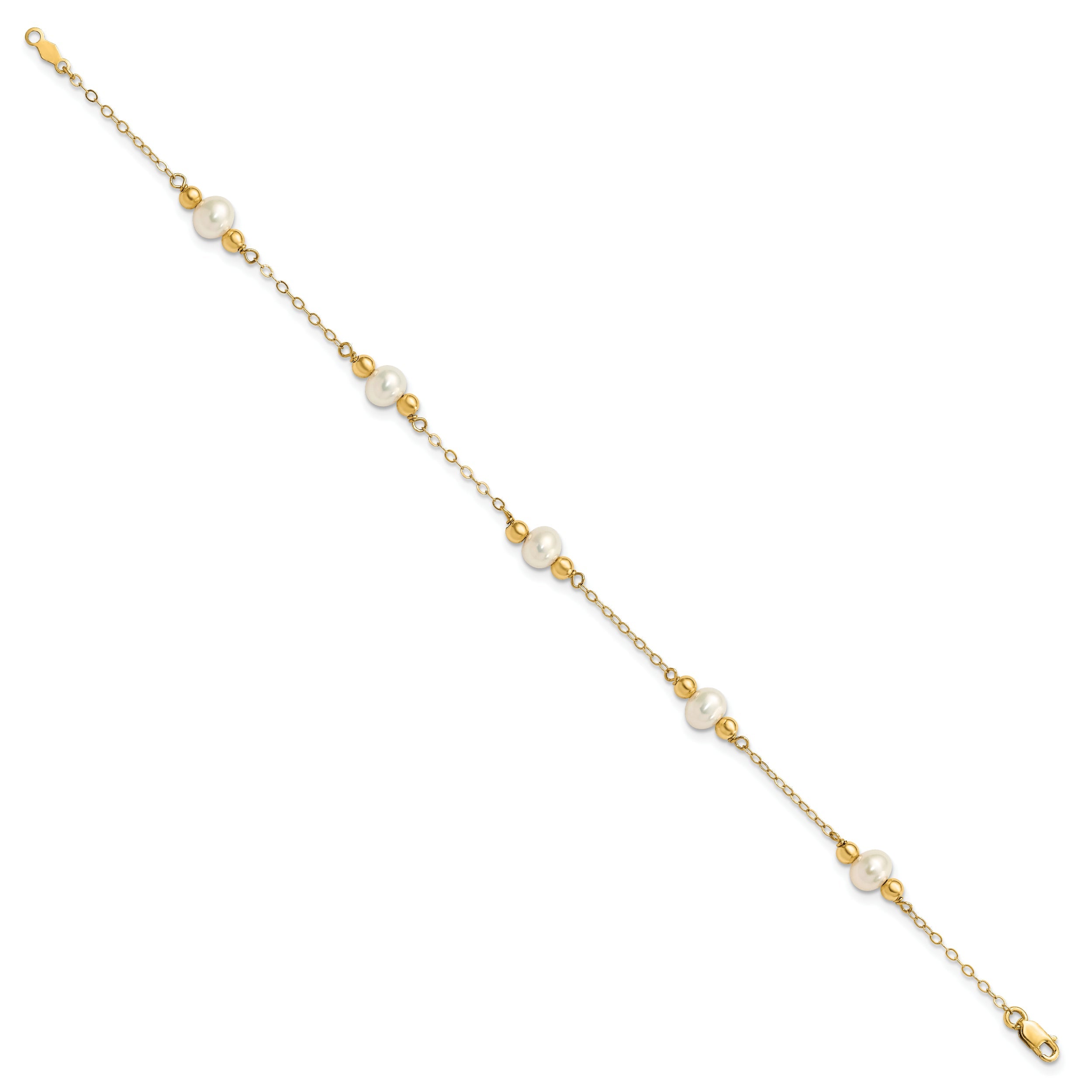 14K Yellow Gold 5 6mm White Near Round Freshwater Cultured Pearl Beaded Station 7.5 Inch Bracelet