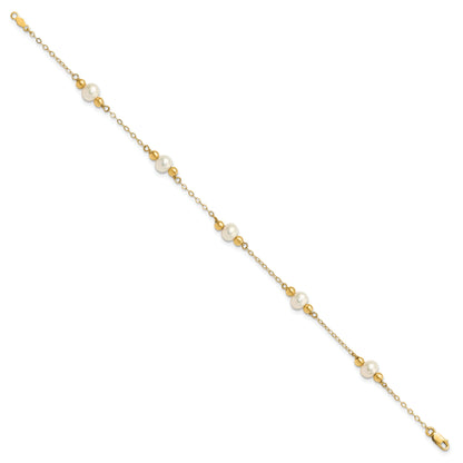14K Yellow Gold 5 6mm White Near Round Freshwater Cultured Pearl Beaded Station 7.5 Inch Bracelet