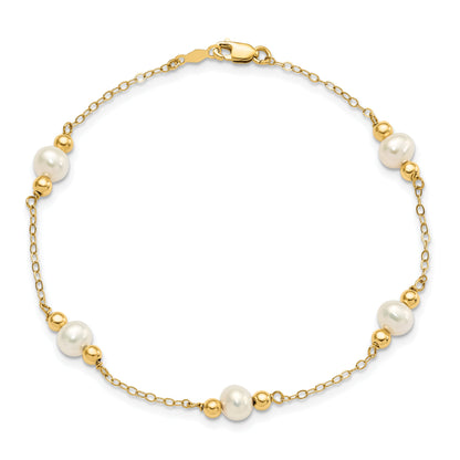14K Yellow Gold 5 6mm White Near Round Freshwater Cultured Pearl Beaded Station 7.5 Inch Bracelet