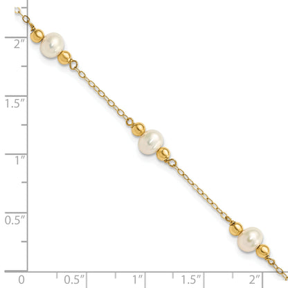 14K Yellow Gold 5 6mm White Near Round Freshwater Cultured Pearl Beaded Station 7.5 Inch Bracelet