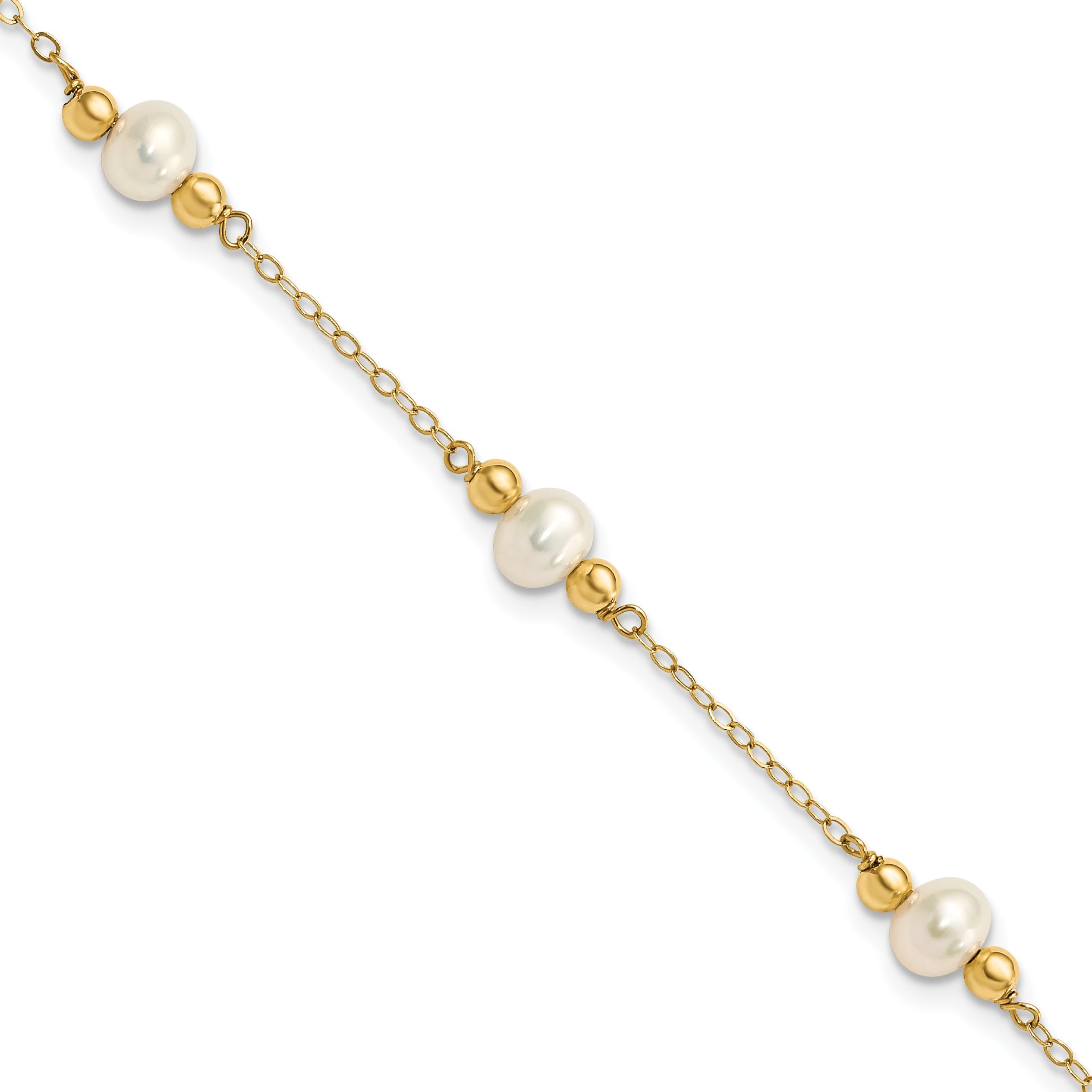 14K Yellow Gold 5 6mm White Near Round Freshwater Cultured Pearl Beaded Station 7.5 Inch Bracelet