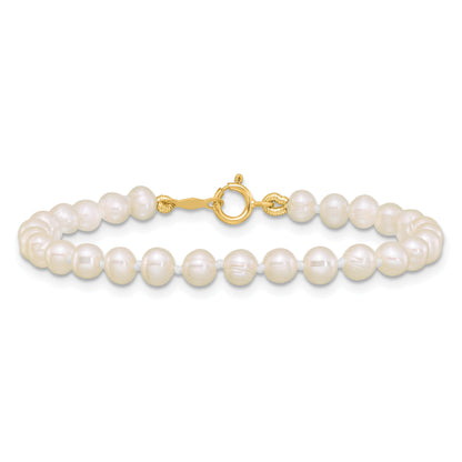 14K Yellow Gold 3 4mm White Semi Round Freshwater Cultured Pearl 5 Inch Bracelet