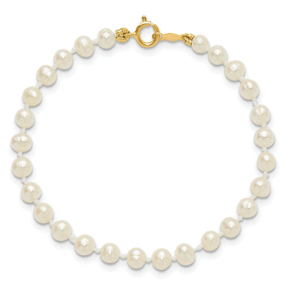 14K Yellow Gold 3 4mm White Semi Round Freshwater Cultured Pearl 5 Inch Bracelet