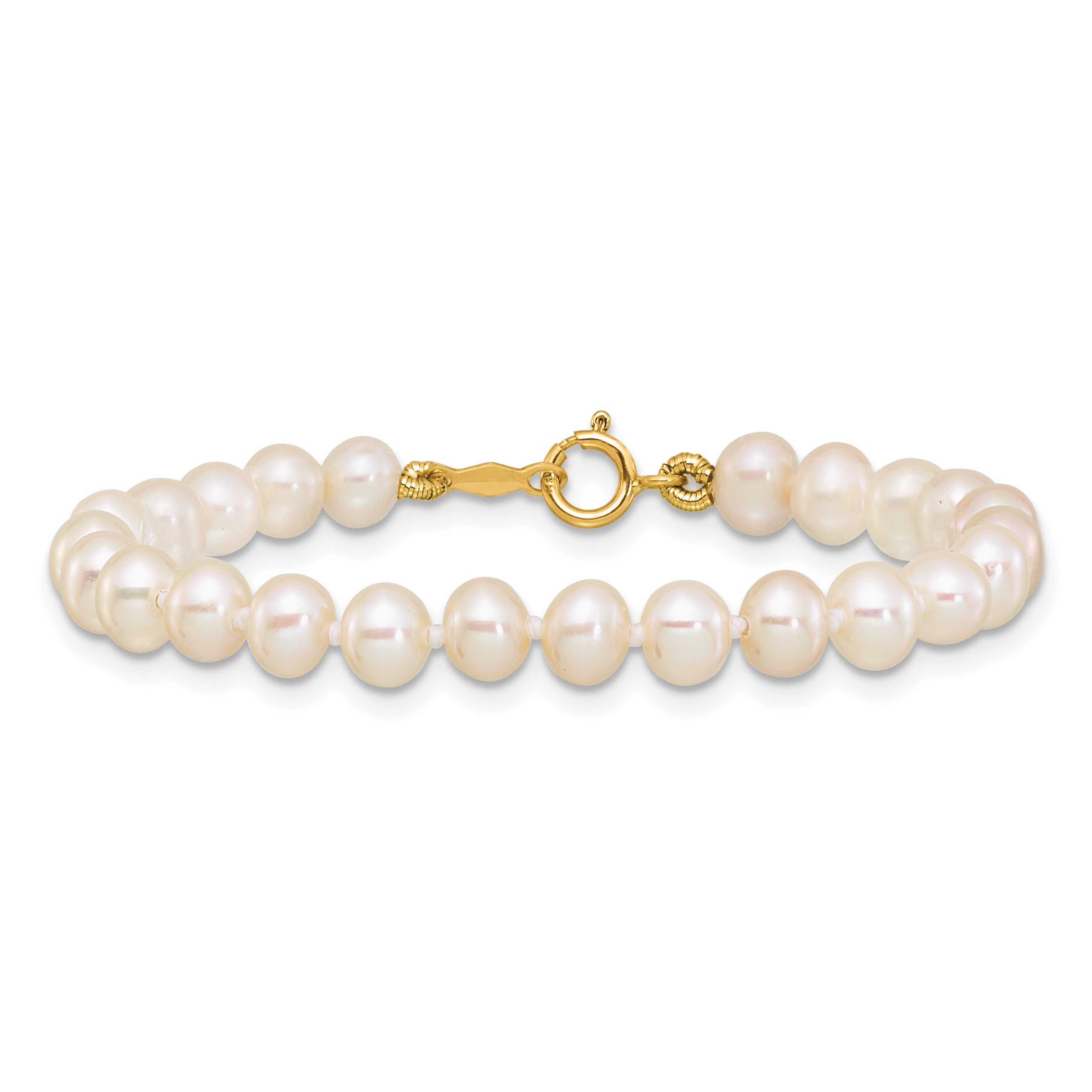 14K Yellow Gold 4 5mm White Semi Round Freshwater Cultured Pearl 5 Inch Bracelet