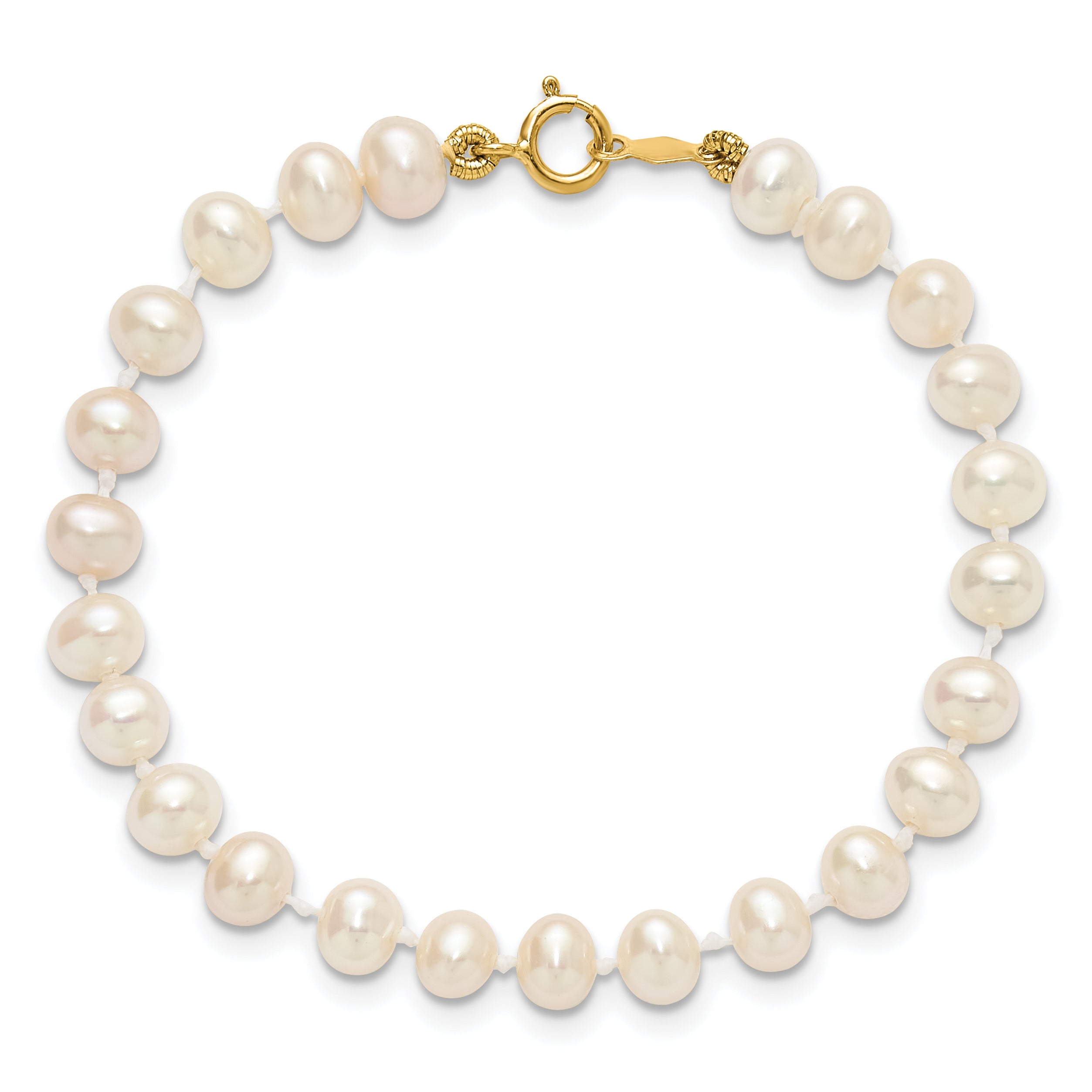 14K Yellow Gold 4 5mm White Semi Round Freshwater Cultured Pearl 5 Inch Bracelet
