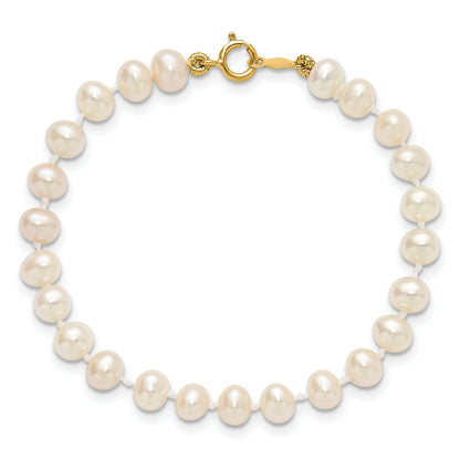 14K Yellow Gold 4 5mm White Semi Round Freshwater Cultured Pearl 5 Inch Bracelet