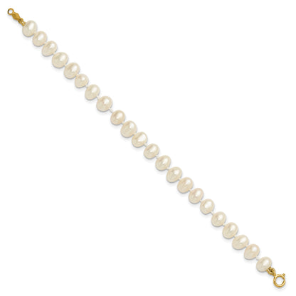 14K Yellow Gold 5 6mm White Semi Round Freshwater Cultured Pearl Inch Bracelet