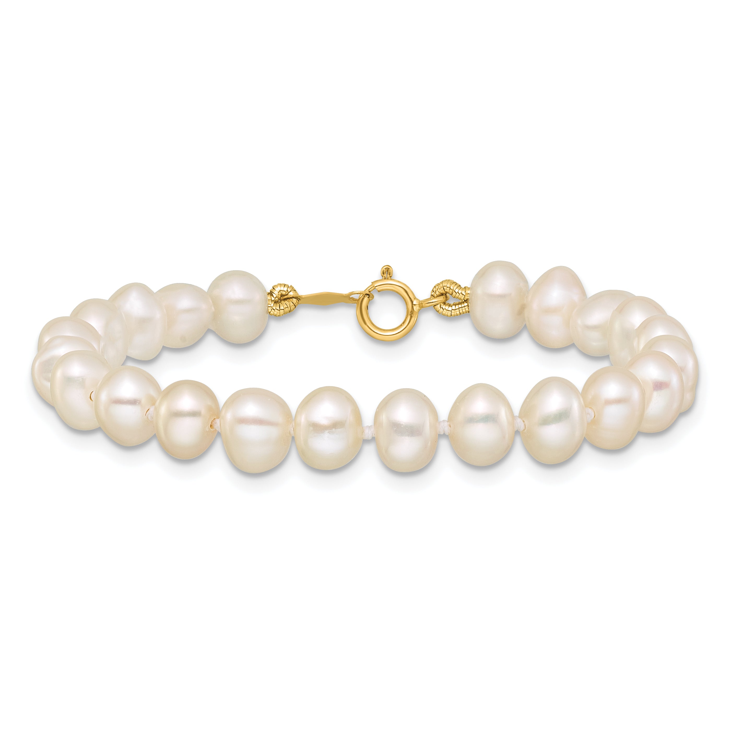 14K Yellow Gold 5 6mm White Semi Round Freshwater Cultured Pearl Inch Bracelet
