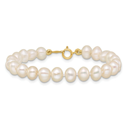 14K Yellow Gold 5 6mm White Semi Round Freshwater Cultured Pearl Inch Bracelet