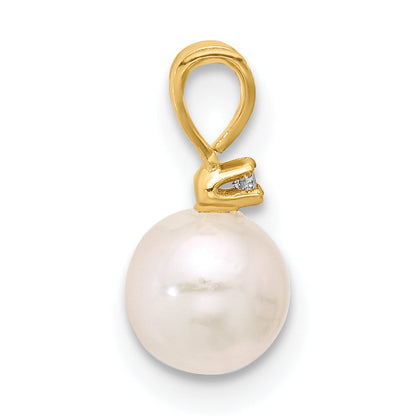 14K Yellow Gold 5 6mm White Round Akoya Saltwater Cultured Pearl And .01 Carat Diamond Pendant
