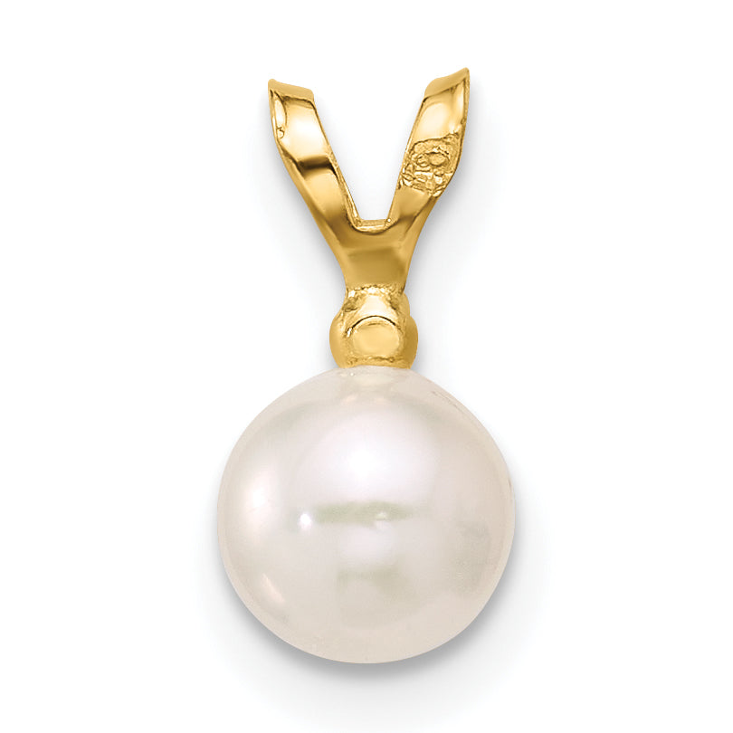 14K Yellow Gold 5 6mm White Round Akoya Saltwater Cultured Pearl And .01 Carat Diamond Pendant