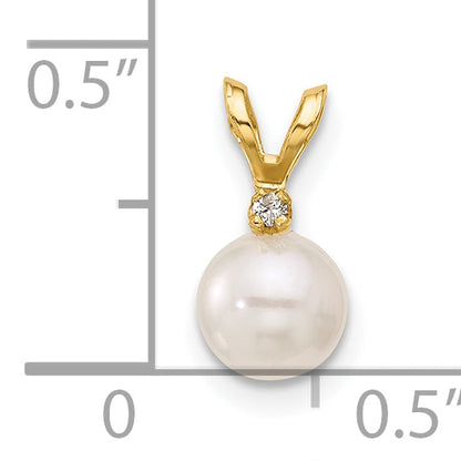 14K Yellow Gold 5 6mm White Round Akoya Saltwater Cultured Pearl And .01 Carat Diamond Pendant
