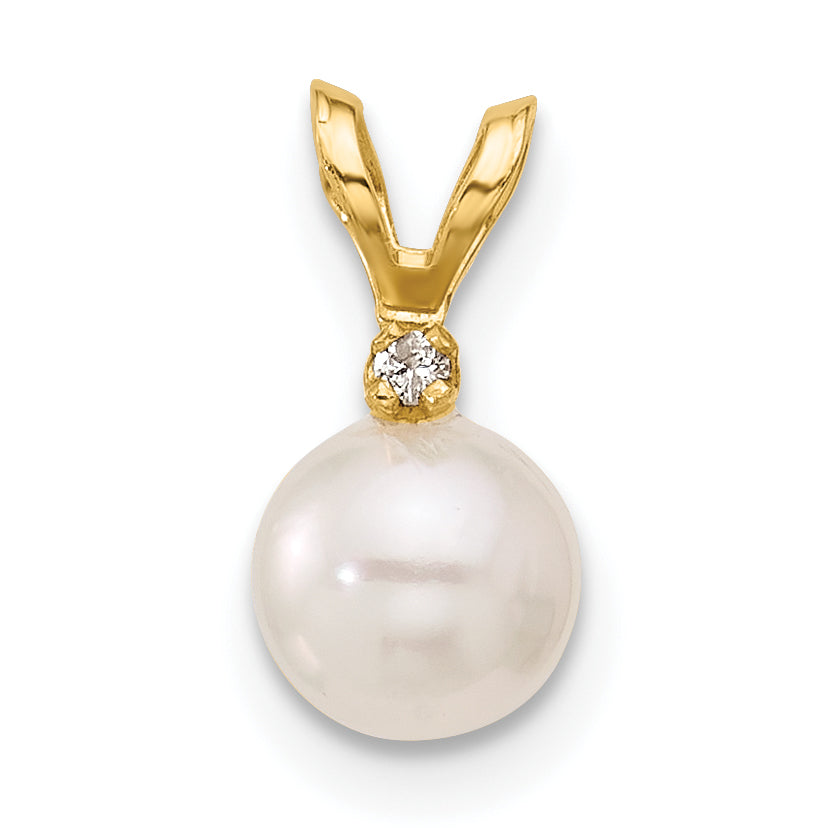 14K Yellow Gold 5 6mm White Round Akoya Saltwater Cultured Pearl And .01 Carat Diamond Pendant