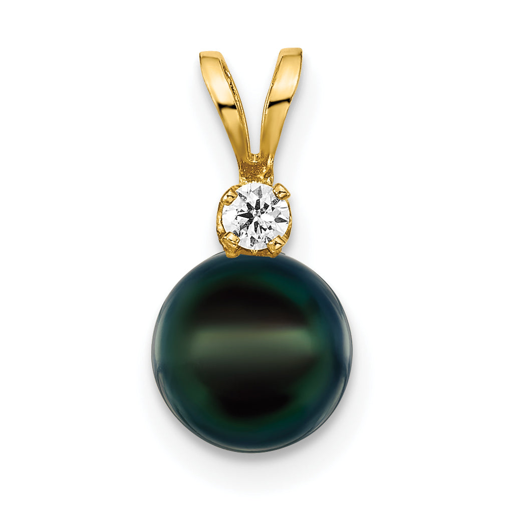 14k Yellow Gold 14k 7-8mm Black Round Akoya Saltwater Cultured Pearl and 1/20 Carat Diamond Pendant