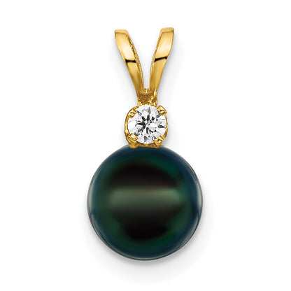 14k Yellow Gold 14k 7-8mm Black Round Akoya Saltwater Cultured Pearl and 1/20 Carat Diamond Pendant