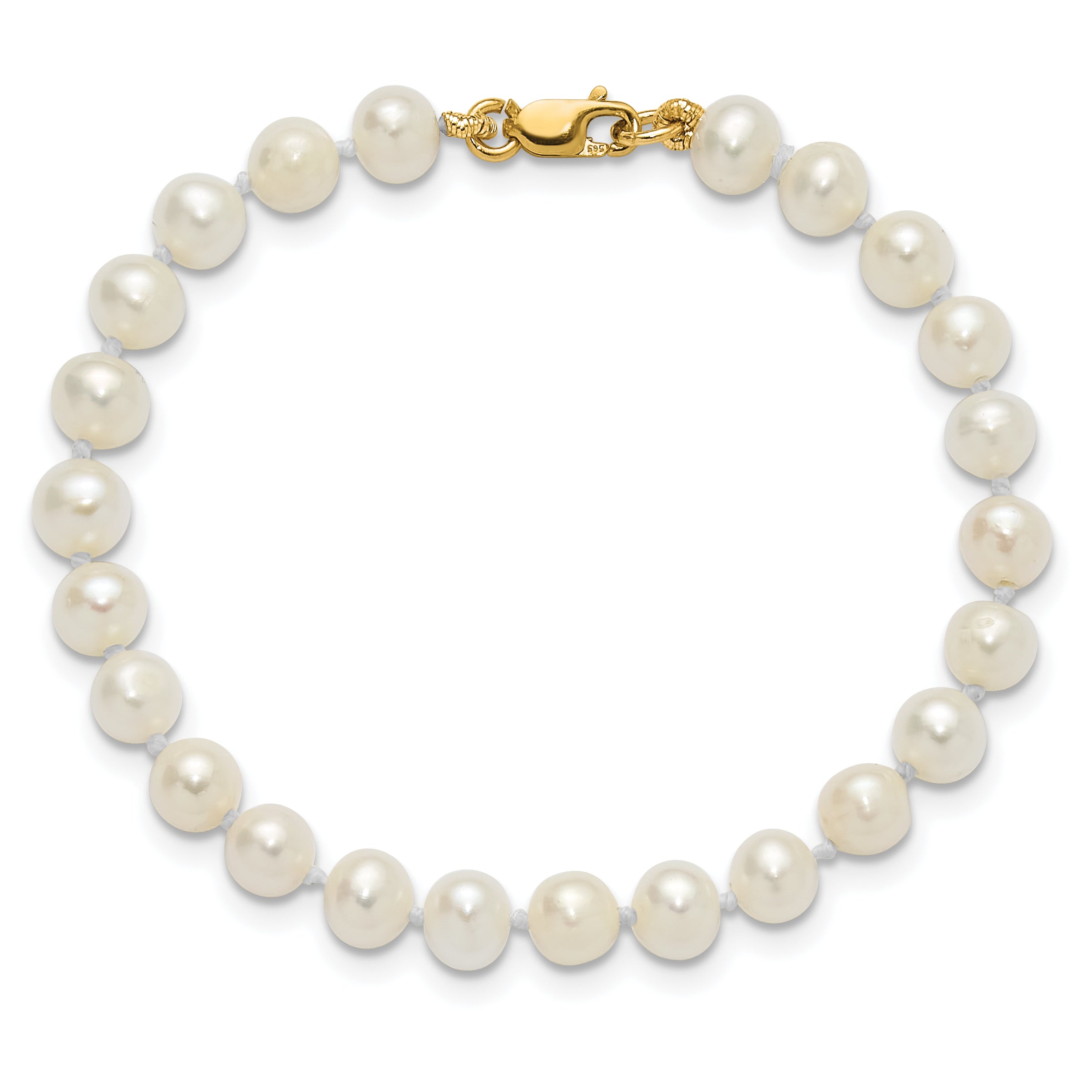 14k Yellow Gold 14k 4-5mm White Freshwater Cultured Pearl Pendant, 5 inch Bracelet and Post Earrings Set