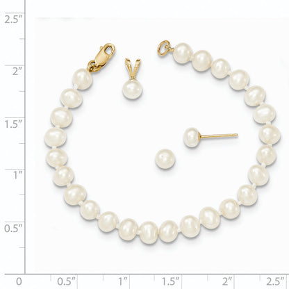 14k Yellow Gold 14k 4-5mm White Freshwater Cultured Pearl Pendant, 5 inch Bracelet and Post Earrings Set