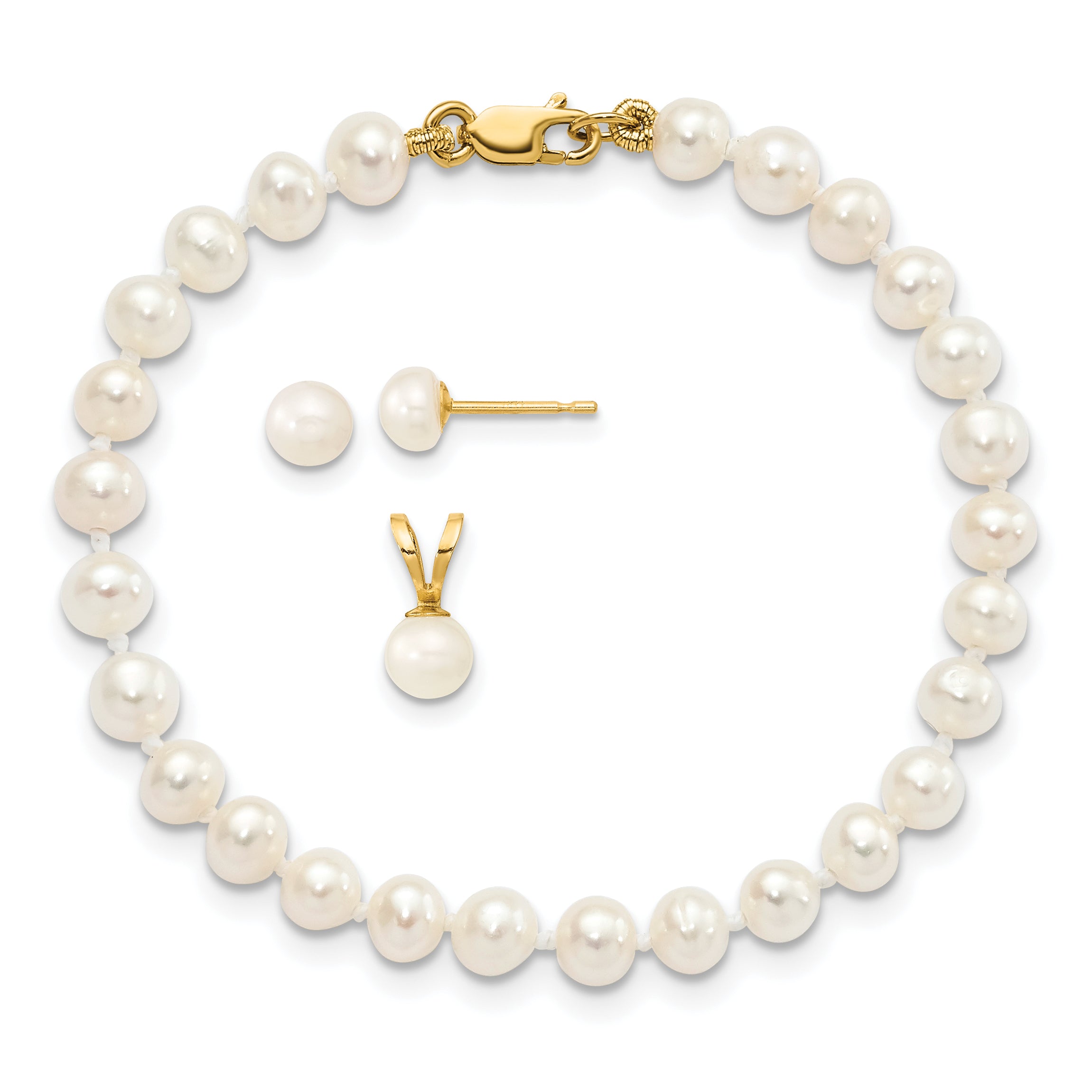 14k Yellow Gold 14k 4-5mm White Freshwater Cultured Pearl Pendant, 5 inch Bracelet and Post Earrings Set