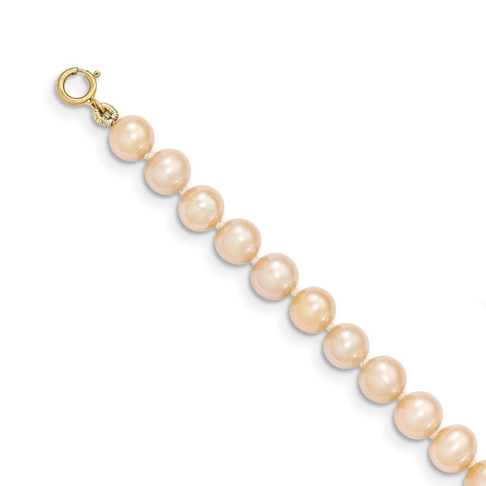 14K Yellow Gold 5 6mm Pink Near Round Freshwater Cultured Pearl Bracelet