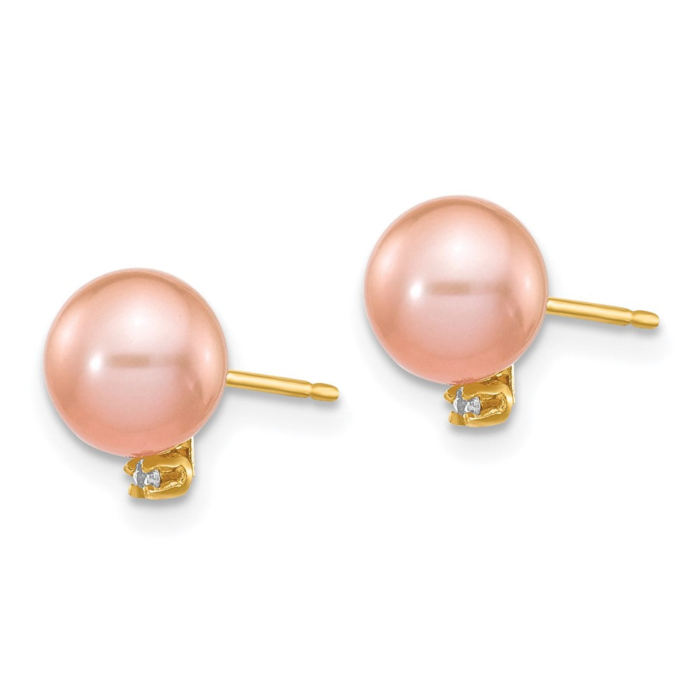 14K Yellow Gold 5 6mm Pink Round Freshwater Cultured Pearl And .02 Carat Diamond Post Earrings