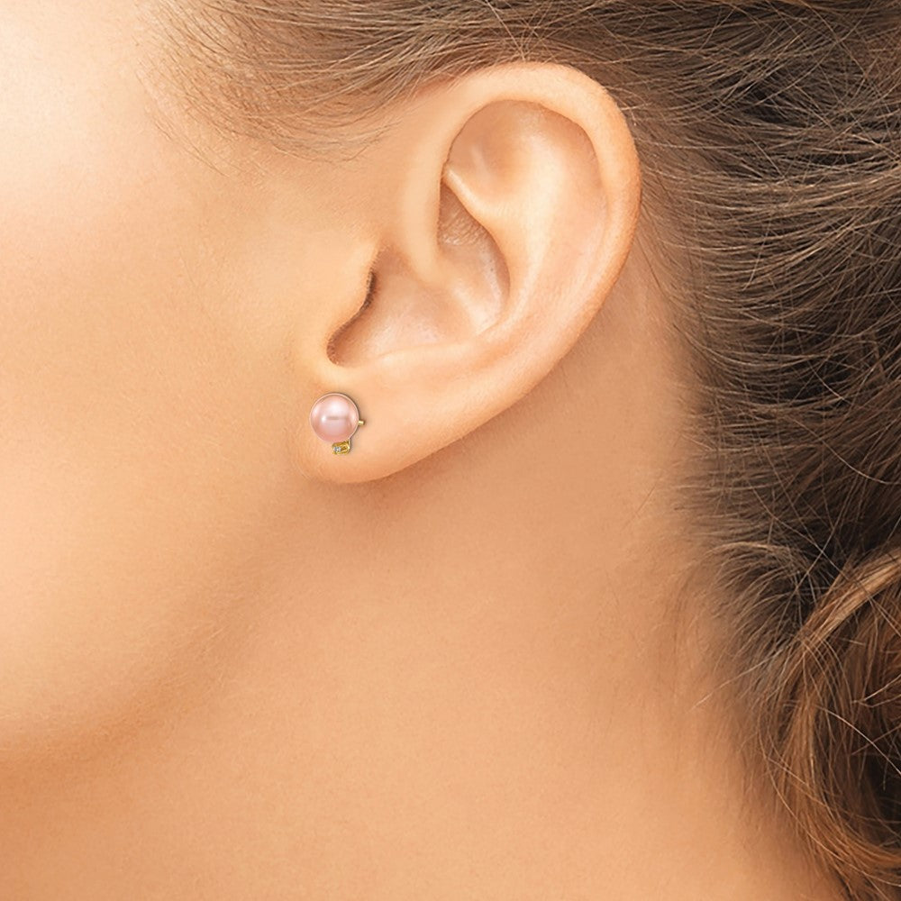 14K Yellow Gold 5 6mm Pink Round Freshwater Cultured Pearl And .02 Carat Diamond Post Earrings