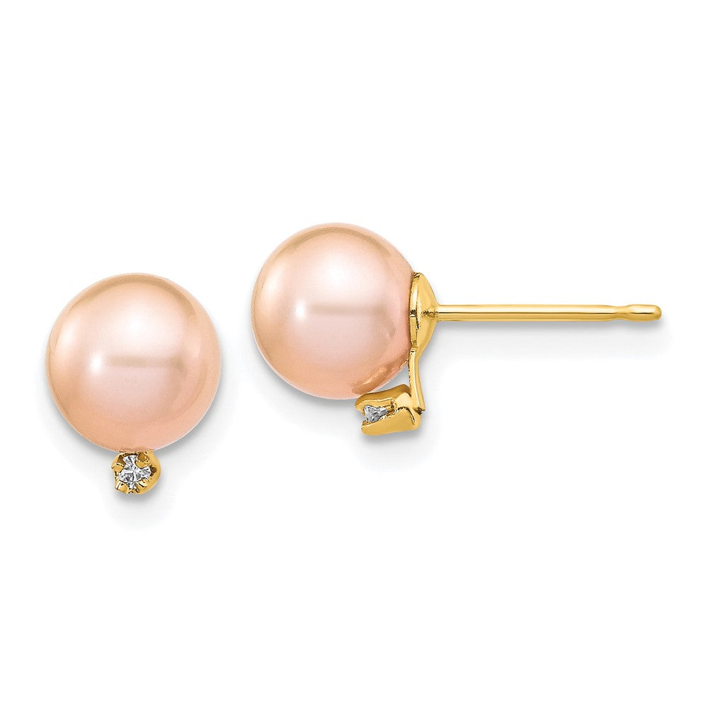 14K Yellow Gold 5 6mm Pink Round Freshwater Cultured Pearl And .02 Carat Diamond Post Earrings