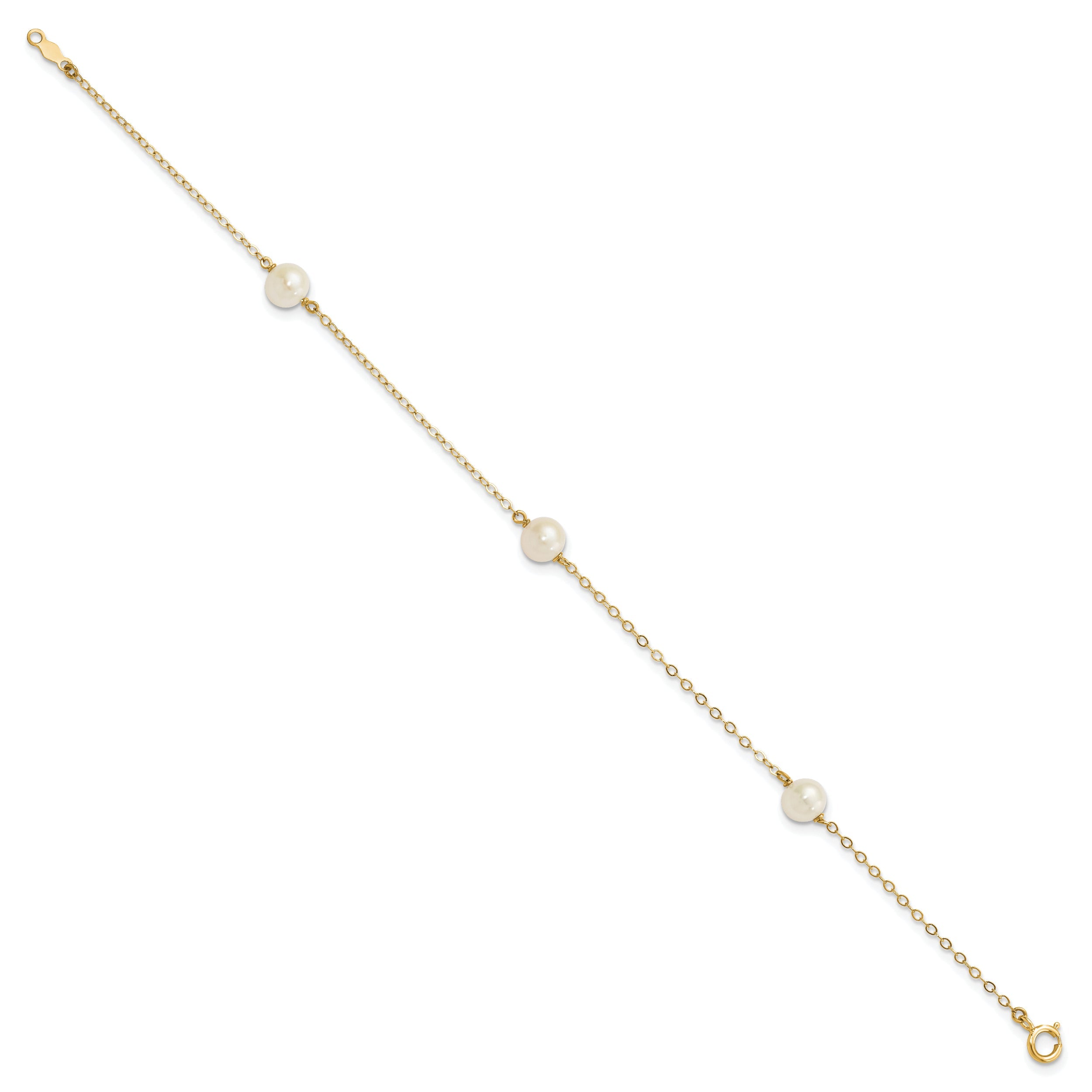 10K Yellow Gold 5-6mm White Near-Round Freshwater Cultured Pearl 3-Station 7.25 Inch Bracelet