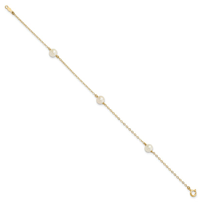 10K Yellow Gold 5-6mm White Near-Round Freshwater Cultured Pearl 3-Station 7.25 Inch Bracelet