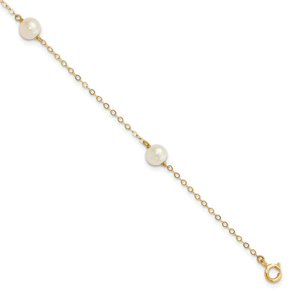 10K Yellow Gold 5-6mm White Near-Round Freshwater Cultured Pearl 3-Station 7.25 Inch Bracelet
