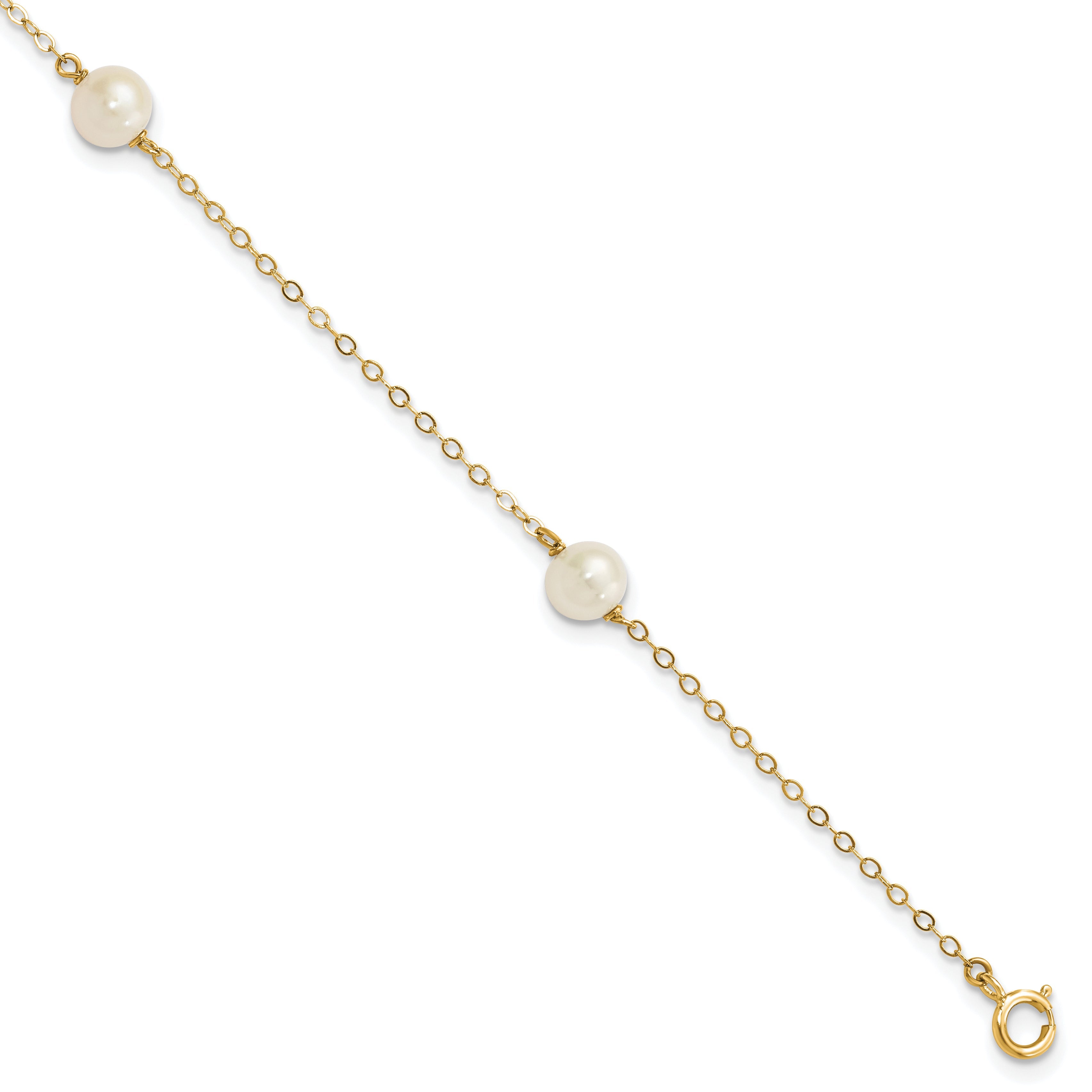 14K Yellow Gold 5 6mm White Near Round Freshwater Cultured Pearl 3 Station 7.25 Inch Bracelet