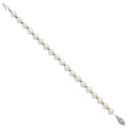 14K White Gold 6 7mm Near Round Freshwater Cultured Pearl Beaded 7 Inch Bracelet
