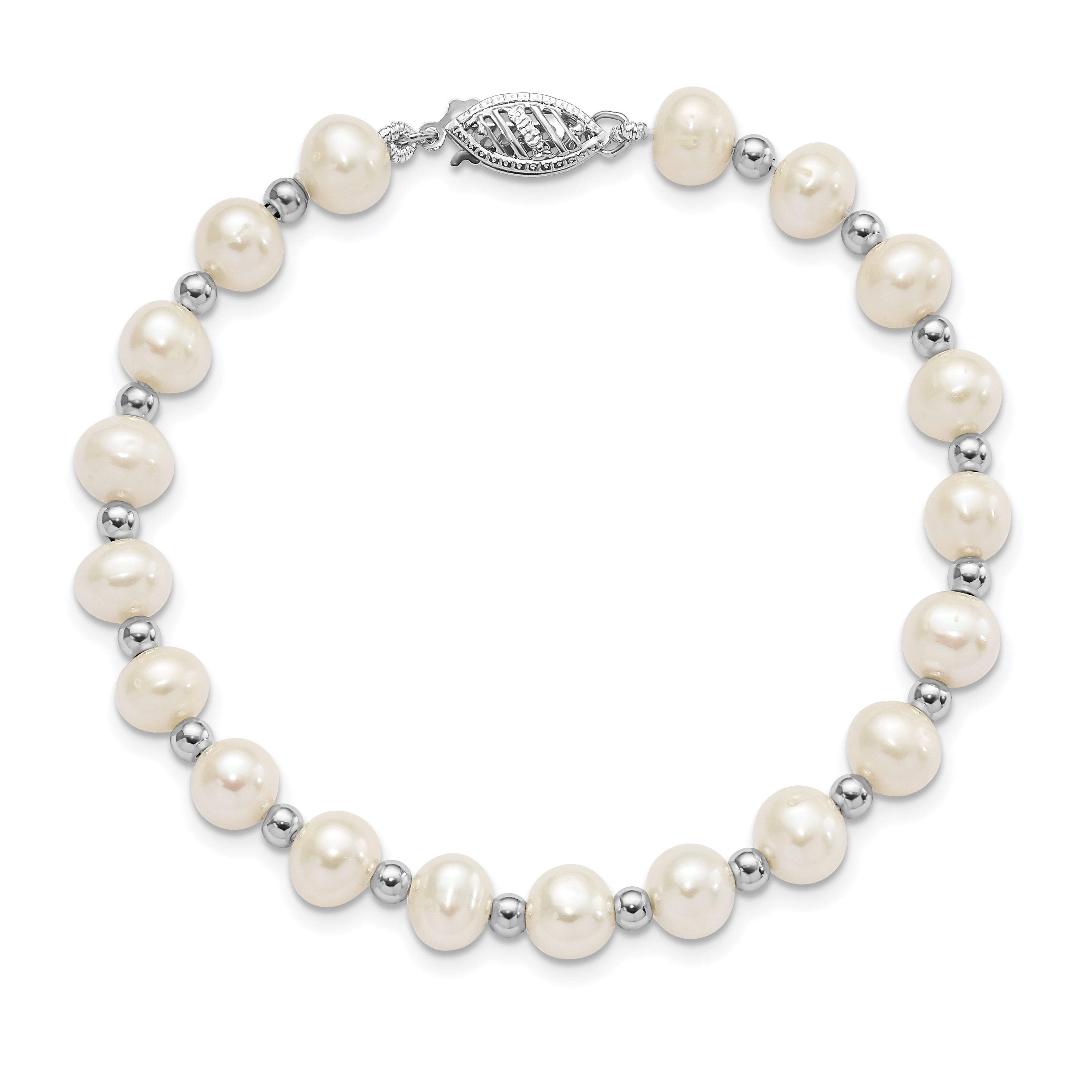 14K White Gold 6 7mm Near Round Freshwater Cultured Pearl Beaded 7 Inch Bracelet