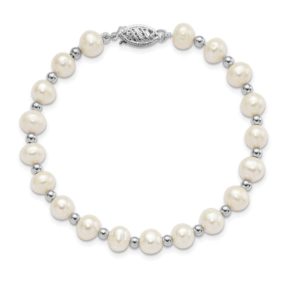14K White Gold 6 7mm Near Round Freshwater Cultured Pearl Beaded 7 Inch Bracelet
