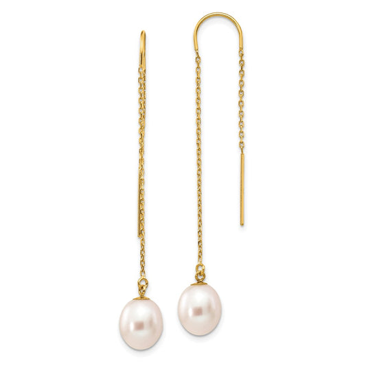 14K Yellow Gold 7 8mm White Rice Freshwater Cultured Pearl Dangle Threader Earrings