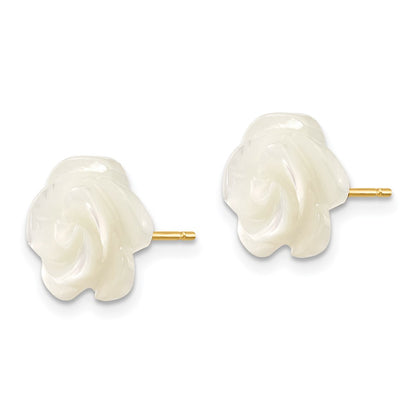 14K Yellow Gold 10mm White Mother Of Pearl Flower Design Post Stud Earrings