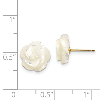 14K Yellow Gold 10mm White Mother Of Pearl Flower Design Post Stud Earrings