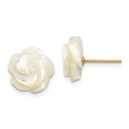 14K Yellow Gold 10mm White Mother Of Pearl Flower Design Post Stud Earrings