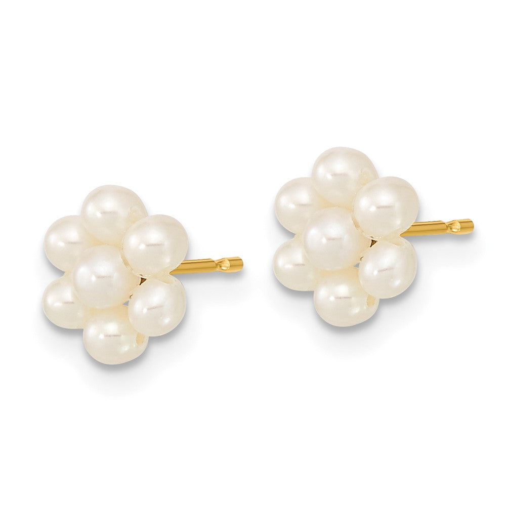 14K Yellow Gold 2 3mm White Button Freshwater Cultured Pearl Flower Earrings