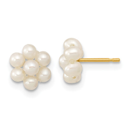 14K Yellow Gold 2 3mm White Button Freshwater Cultured Pearl Flower Earrings