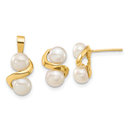 14k Yellow Gold 14k 5-6mm White Button Freshwater Cultured Pearl Post Earrings and Pendant Set