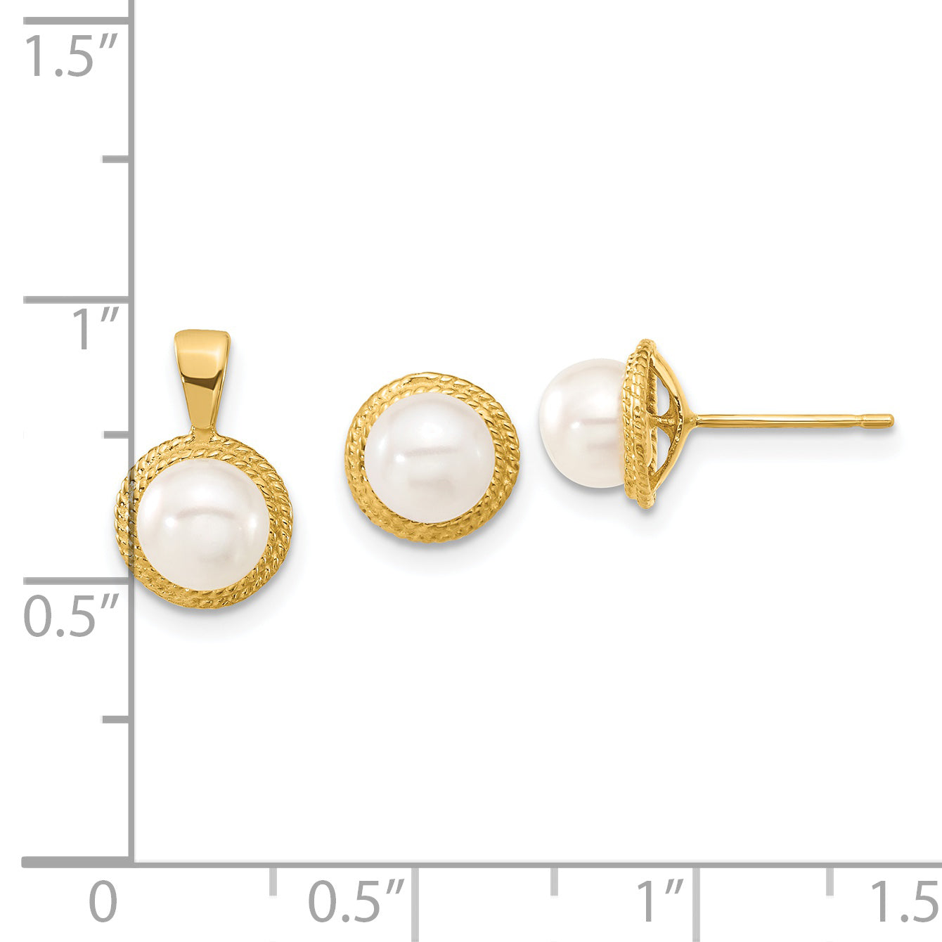 14k Yellow Gold 14k 5-6mm White Button Freshwater Cultured Pearl Post Earrings and Pendant Set