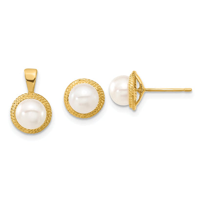 14k Yellow Gold 14k 5-6mm White Button Freshwater Cultured Pearl Post Earrings and Pendant Set