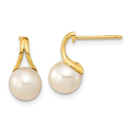 14K Yellow Gold 7 8mm White Round Freshwater Cultured Pearl Post Earrings