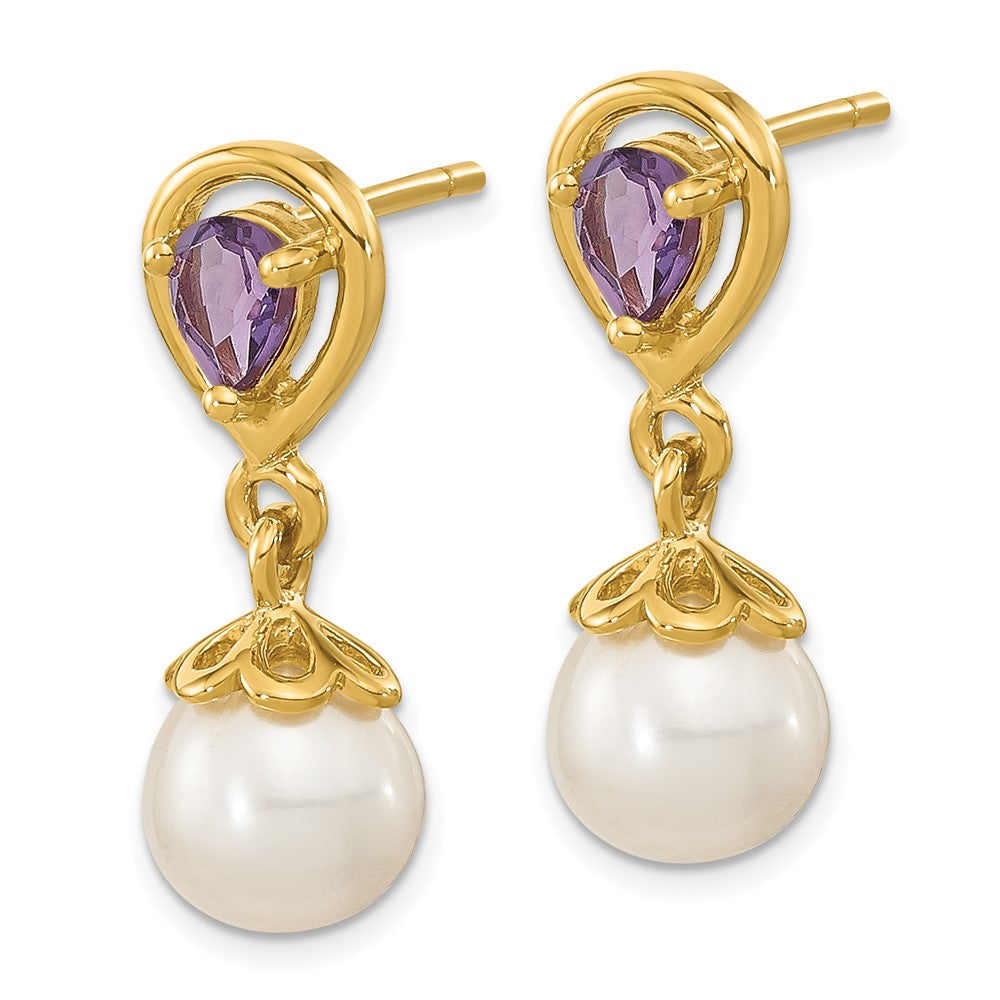 14K Yellow Gold 6 7mm White Round Fwc Pearl Amethyst Post Dangle Earrings
