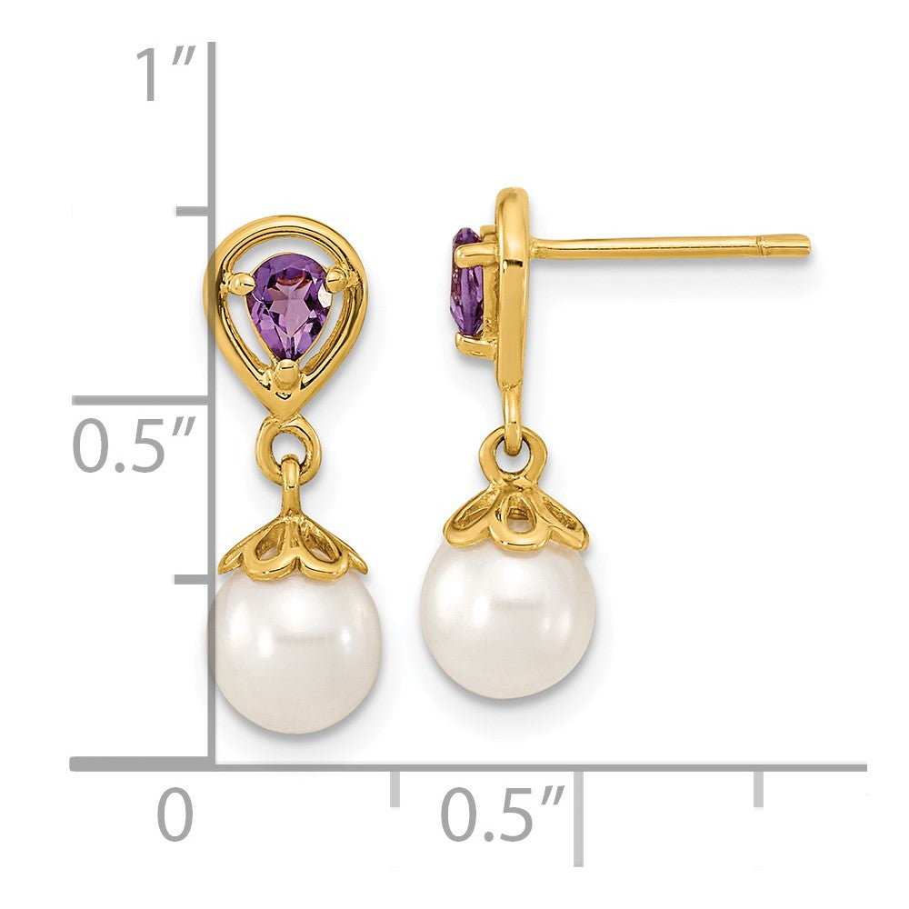 14K Yellow Gold 6 7mm White Round Fwc Pearl Amethyst Post Dangle Earrings