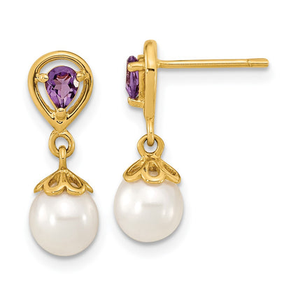 14K Yellow Gold 6 7mm White Round Fwc Pearl Amethyst Post Dangle Earrings